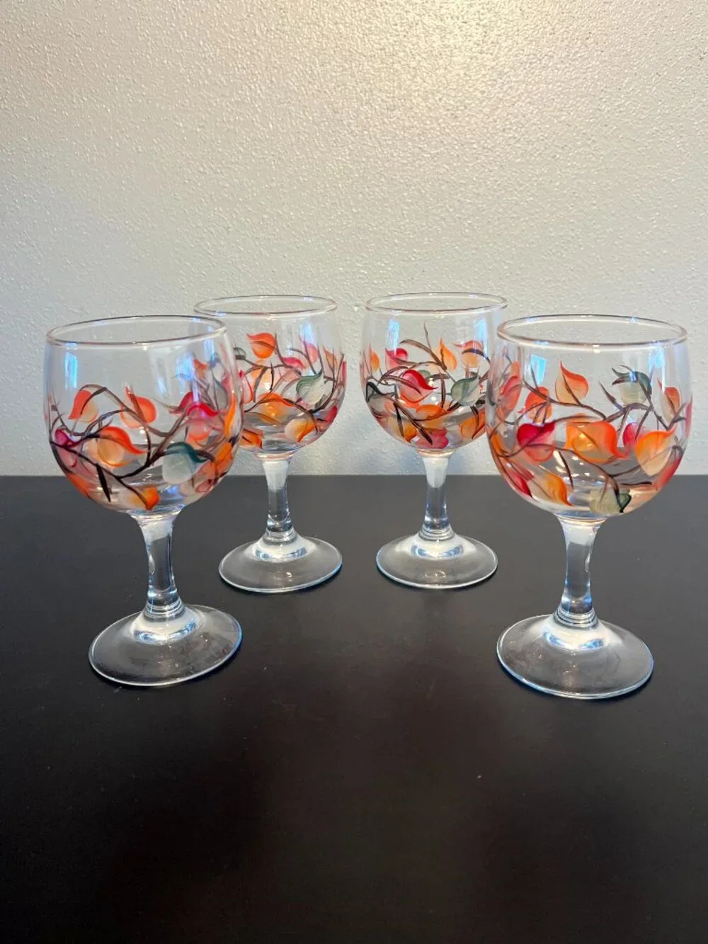 Vintage Hand Painted Autumn Leaves Wine Glasses Goblets Botanical Set of 4